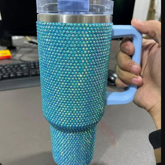 BLUE RHINESTONE 40oz TUMBLER WITH HANDLE- BLING CUP - Picture 4 of 6